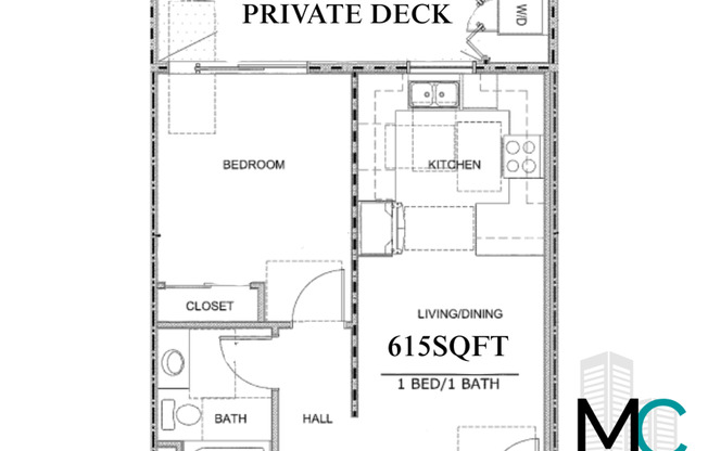 1 bed, 1 bath, 615 sqft, $2,300, Unit 402