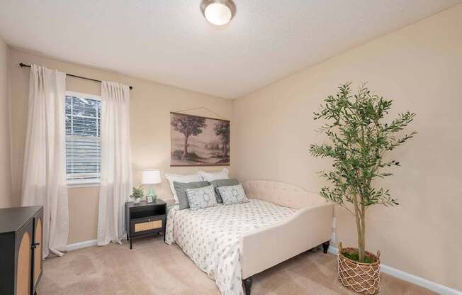 A bedroom with a bed, nightstand, and a plant.