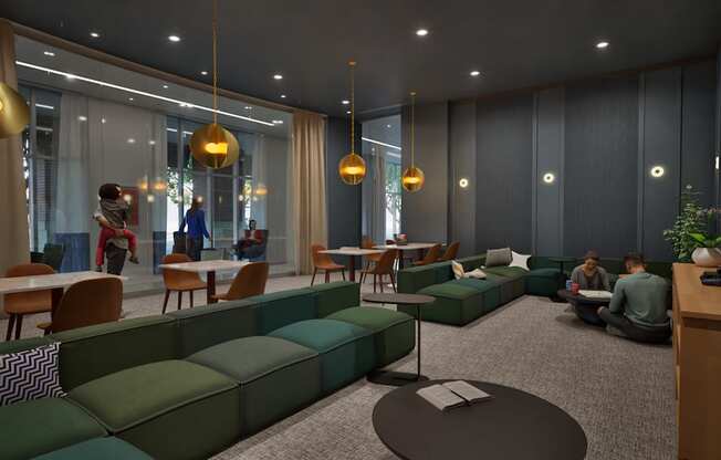 A modern lounge area with people sitting and standing.