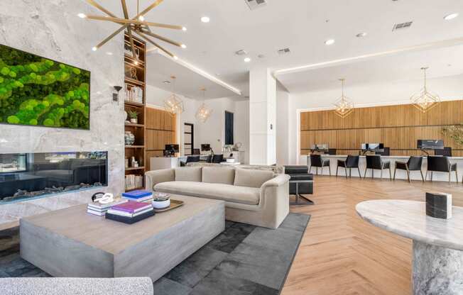 a living room with couches and a coffee table and a fireplace