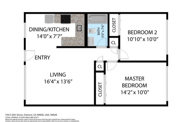 2 beds, 1 bath, 700 sqft, $1,995