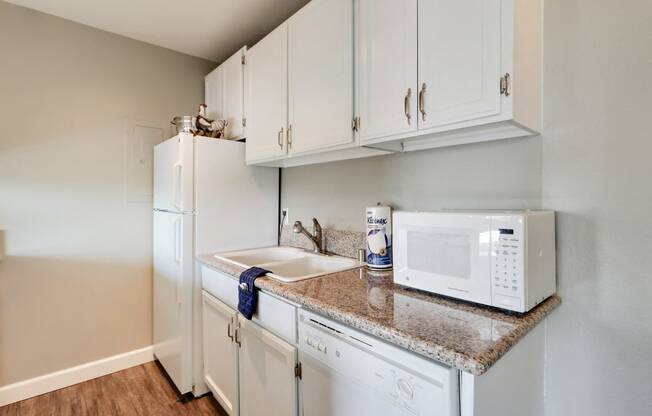 Kitchen with dishwasher, 2 door refrigerator, double kitchen sink, granite countertops, white kitchen cabinets