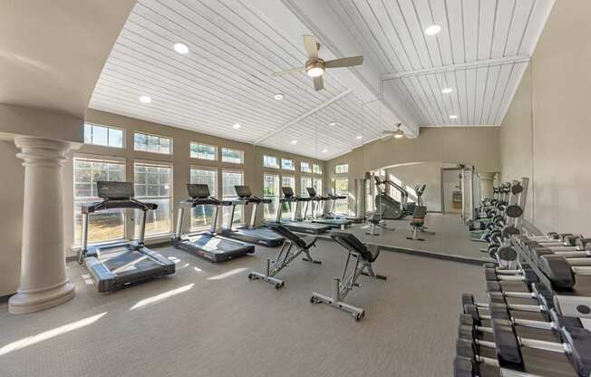 A gym with treadmills, elliptical machines, and other exercise equipment.