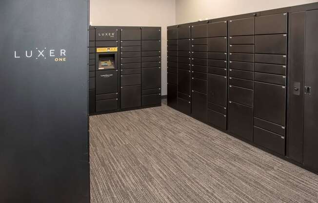 Mailroom with secure Luxer package storage system.