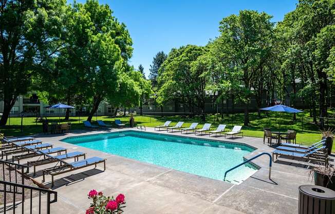 a swimming pool with lounge chairs and trees in the background