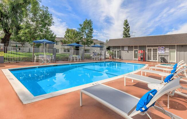 a pool next to a building