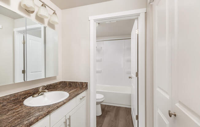 A bathroom with a sink, mirror, and toilet.