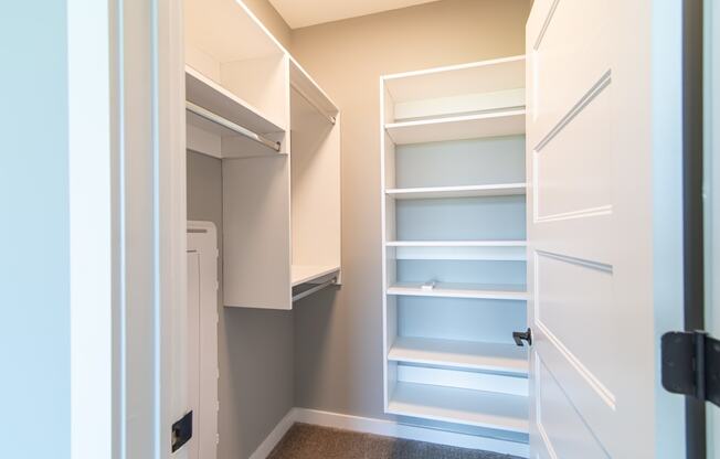 a walk in closet with shelves and a white door