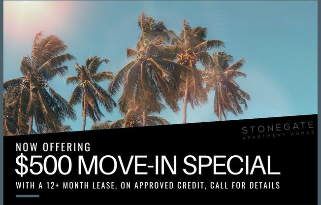 Now offering $500 move-in special, with a 12+ month lease, on approved credit. Call for details.