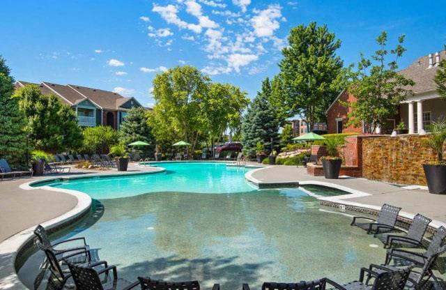 Refreshing Swimming Pool with Relaxing Poolside Patio at Cambridge Square Apartments, Overland Park, KS 66211