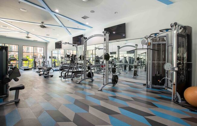 the gym with cardio and weightlifting equipment