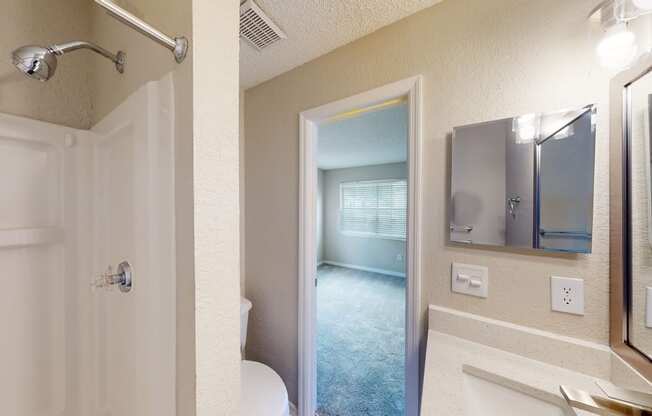 a bathroom with a shower and a toilet