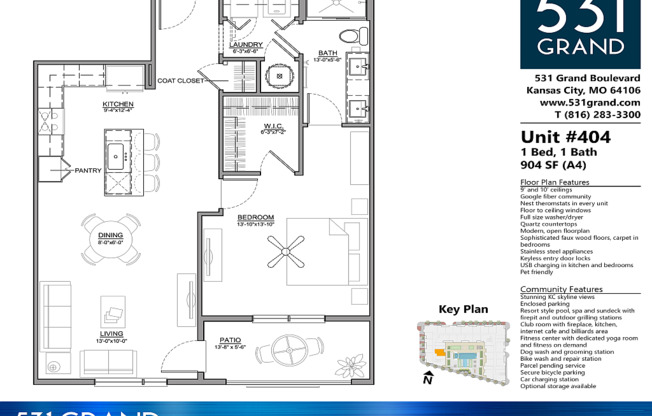1 bed, 1 bath, 904 sqft, $2,019, Unit 404
