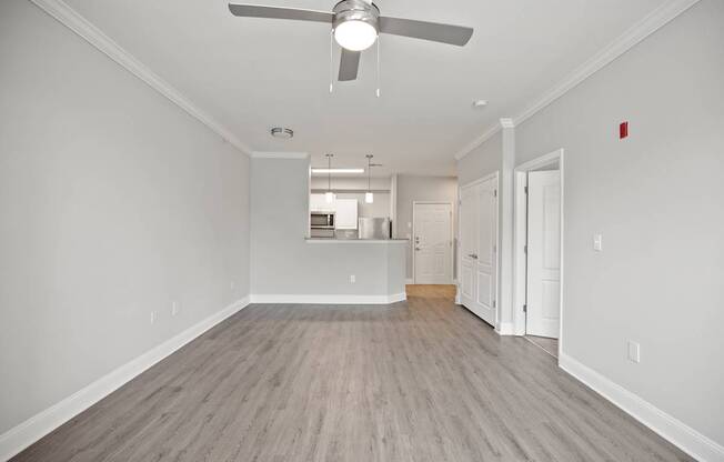 A room with a ceiling fan and light fixture, and a kitchen area in the background.