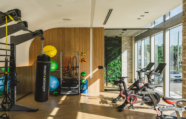 Fitness center with TRX station, spin bikes, and more!
