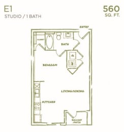 Studio, 1 bath, 544 sqft, $1,165