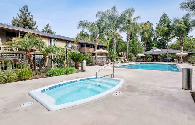 Fremont CA Apartments for Rent - Lincoln Glen - Gated Pool and Spa Surrounded By Lounge Seating