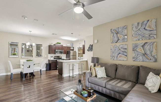 Corner Viewpoint of Living, Dining and Kitchen