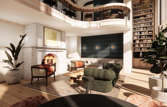 Expansive clubroom with fireplace lounge seating, and mezzanine overlook.