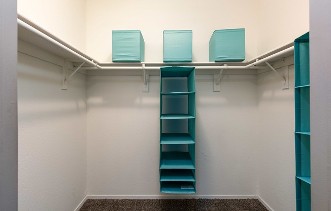 a walk in closet with blue shelves and white walls