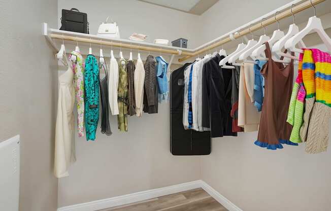 a walk in closet with a white clothes rail and a white rod with clothes on it