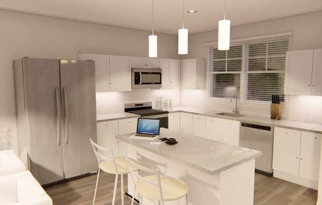 a kitchen with a refrigerator freezer next to a stove top oven at Brownstones at Palisade Park, Broomfield, 80023