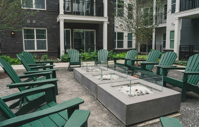 Modera Germantown’s courtyard beckons with warm fire pits and inviting lounge chairs.