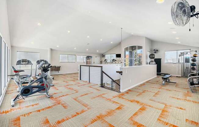 A gym with orange carpeting and exercise equipment.