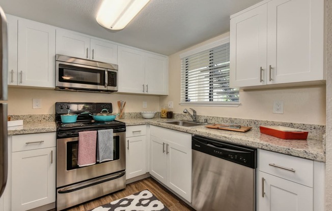 Kitchen with Granite Counters, Dishwasher, Oven, Microwave, Black/White Rug and White Cabinents