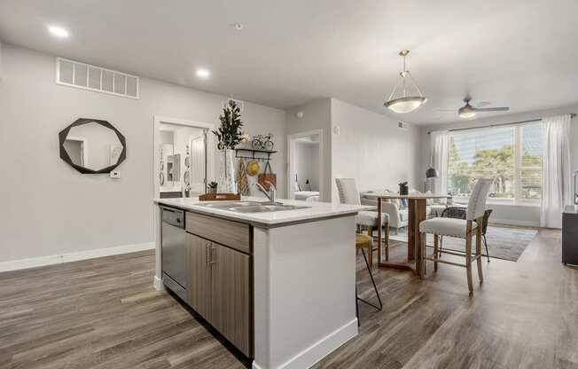 Kitchen and dining area at V on Broadway Apartments in Tempe AZ November 2020