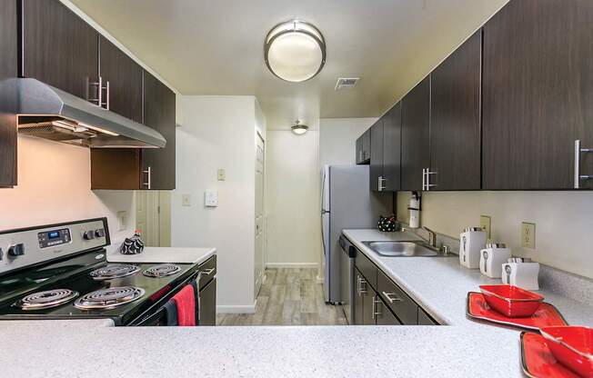 Kitchen with cabinets and light at The Apartments at Owings Run, Owings Mills, MD, 21117