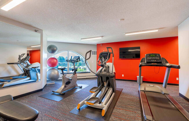 a gym with exercise equipment and a view of the city