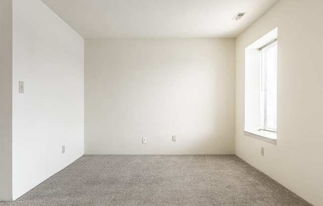 an empty room with a window and carpet