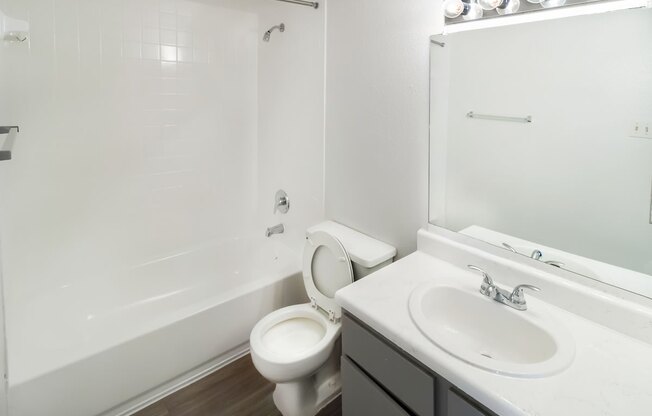 a white bathroom with a tub/shower, toilet, and sink vanity with large mirror