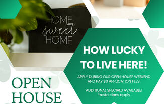 A poster advertising an open house weekend at Aspen at Lake Trail, with a call to action to schedule a visit.