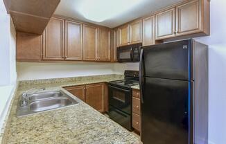 A modern kitchen featuring wooden cabinets, a granite countertop, a double sink, and stainless steel appliances. The kitchen includes a black refrigerator, an oven, and a microwave, creating a functional and stylish cooking space. The lighting is bright, enhancing the warm tones of the cabinetry.