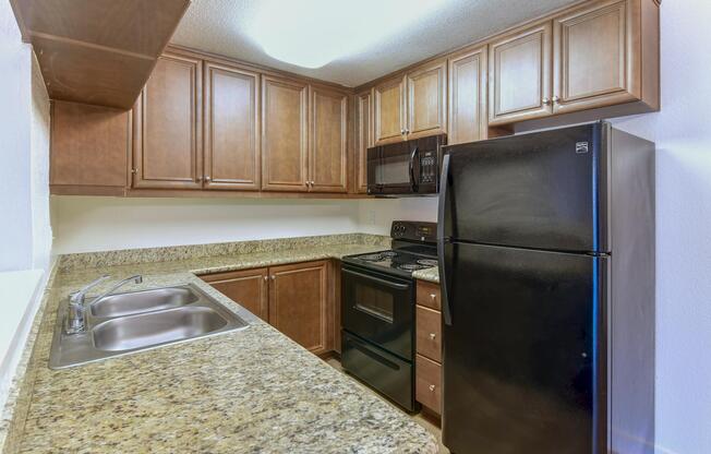 A modern kitchen featuring wooden cabinets, a granite countertop, a double sink, and stainless steel appliances. The kitchen includes a black refrigerator, an oven, and a microwave, creating a functional and stylish cooking space. The lighting is bright, enhancing the warm tones of the cabinetry.