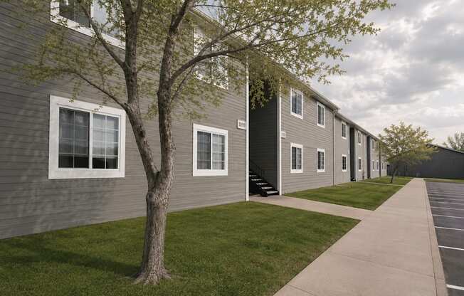 A tree stands in front of a grey building with white windows.