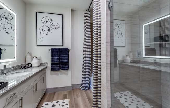 a bathroom with a shower and two sinks and a mirror