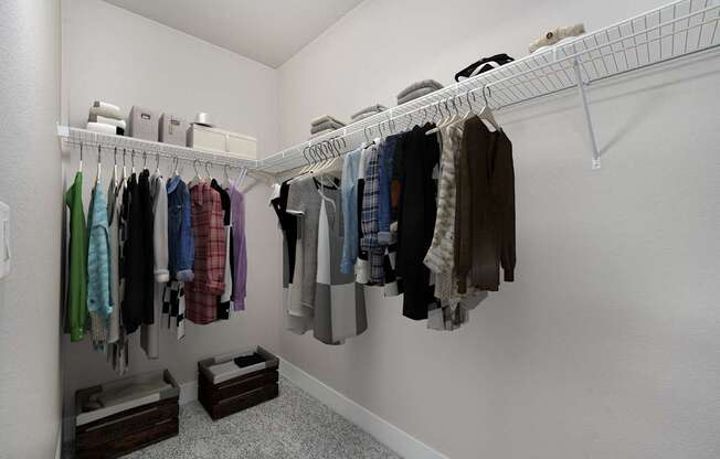 A white closet with clothes hanging on a rail.