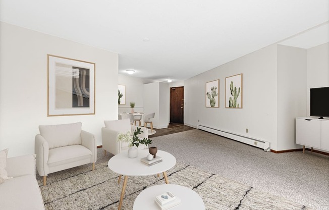 A living room with a white couch, a white coffee table, and a white rug.