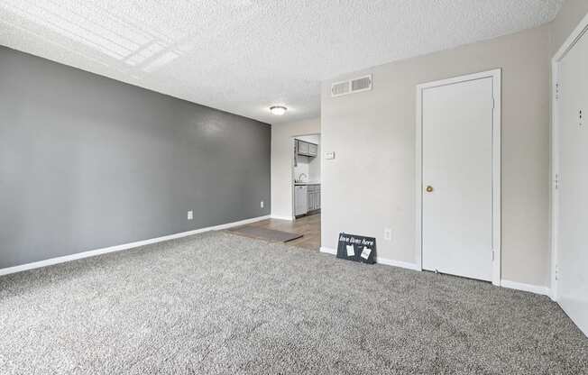 A room with grey carpet and a white door.
