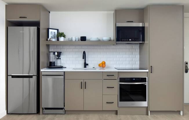 a modern kitchen with stainless steel appliances and white cabinets