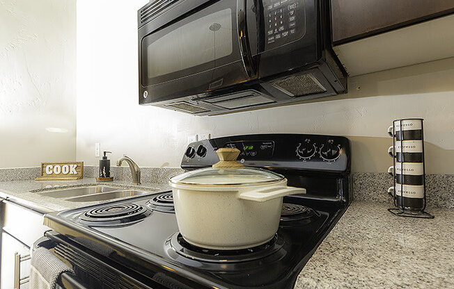 a kitchen stove and microwave from The Lotus Apartments in Downtown Salt Lake City, Utah