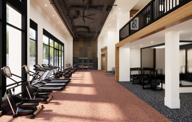 Club-quality fitness studio with spin bikes and yoga/pilates studio.