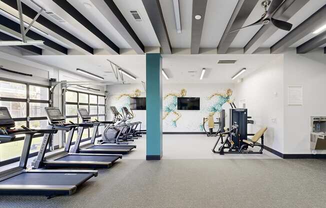 a workout room with treadmills and a wall with a mural
