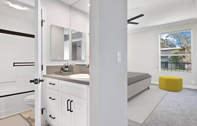 Vanity mirror and bathroom adjacent to bedroom.