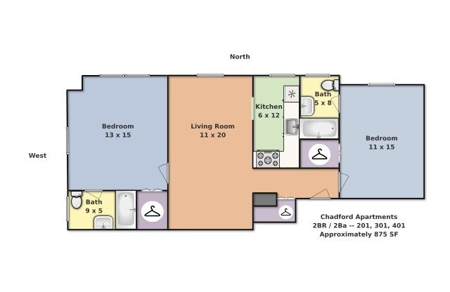 2 beds, 2 baths, 875 sqft, $1,595, Unit 401