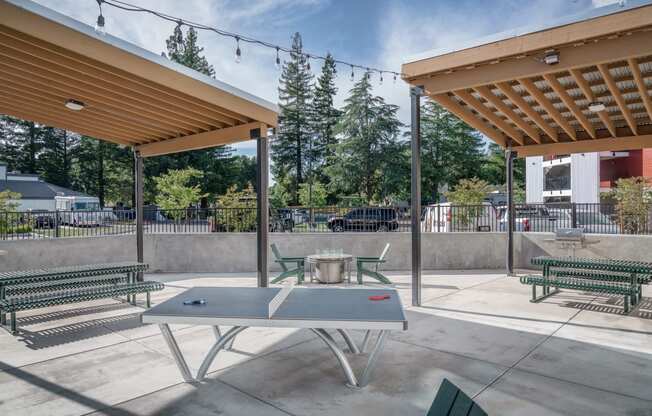 a picnic area with a table and chairs under a canopy