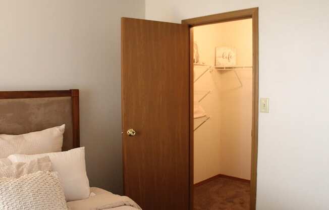 a bedroom with an open door leading to a walk in closet